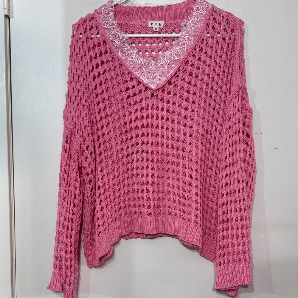 POL V-Neck Pink Opened Knit 
long Sleeve Sweater Lace Detail Oversized Small
